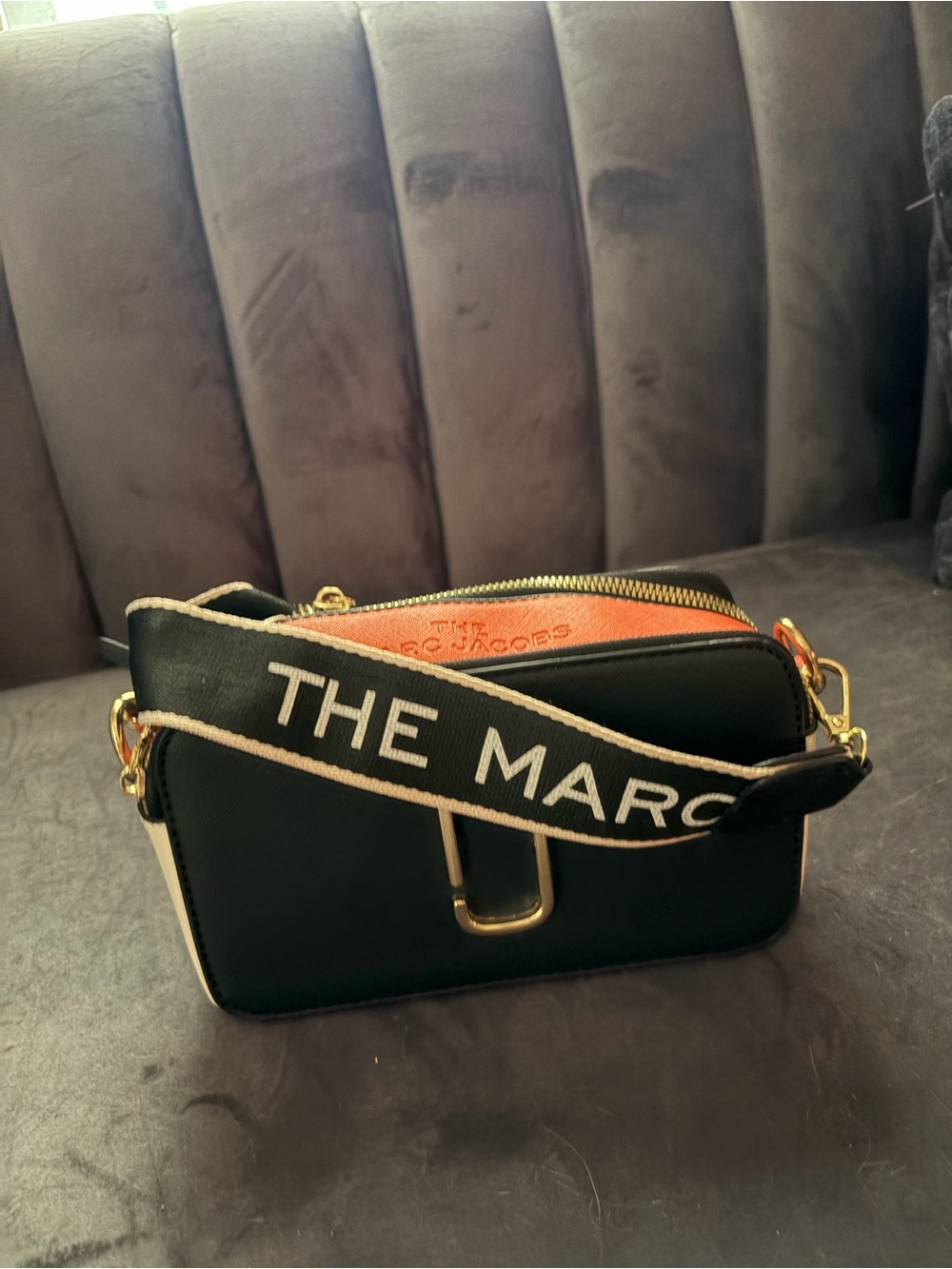 Marc Jacobs Black Crossbody Camera Bag with Cream Trim and Orange Interior